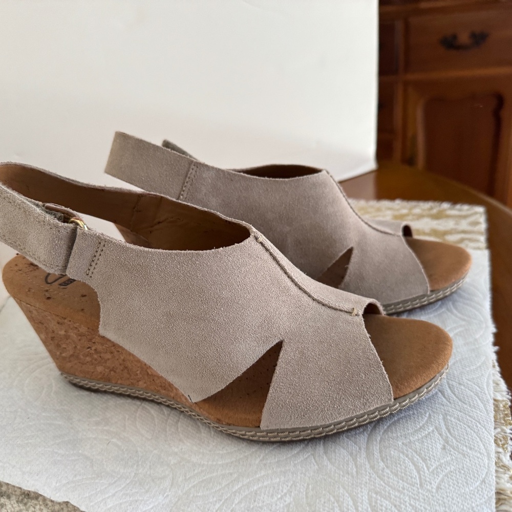 Suede Clarks Cork Heeled Sandal